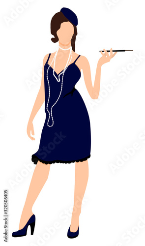 Elegant dark-haired girl in full growth. Holding a cigarette. The style of the 20s. Vector.