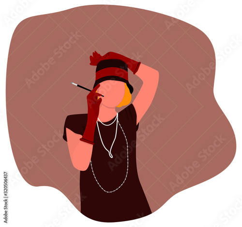 Elegant blonde girl in full growth. Holding a cigarette. The style of the 20s. Vector.