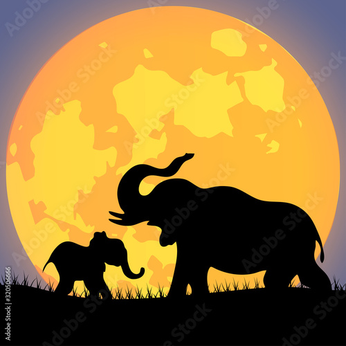 African safari theme with elephants in front of full moon on beautiful place, vector illustration