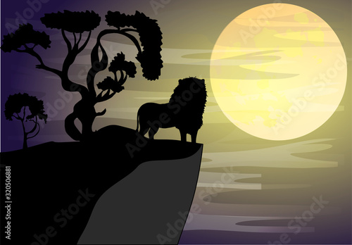 African landscape with animal silhouette. Savannah sunset background.