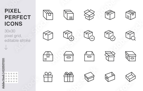 Box line icon set. Carton, cardboard boxes, product package, gift, parcel minimal vector illustrations. Simple outline signs for delivery service application. 30x30 Pixel Perfect. Editable Strokes