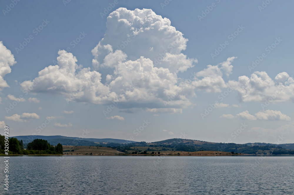 General view of the artificial Vlasina mountain lake surrounded by a pine tree forest in summer, Southeastern Serbia, Europe 