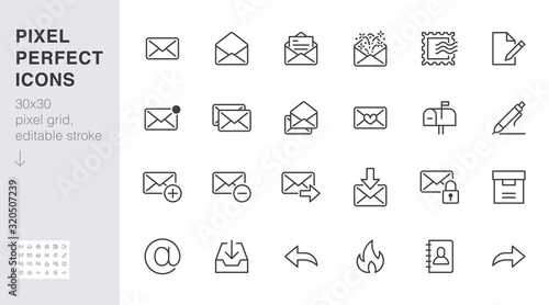 Email line icons set. Letter, spam mail, open envelope, postage stamp, mailbox, new document minimal vector illustrations. Simple flat outline signs for web. 30x30 Pixel Perfect. Editable Strokes