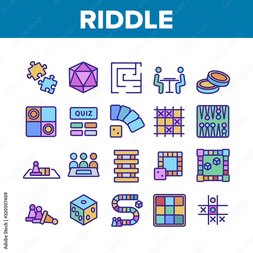 Riddle Play Equipment Collection Icons Set Vector Thin Line. Riddle Board Game, Puzzle With Entry And Exit, Backgammon And Tic Tac Toe Concept Linear Pictograms. Color Contour Illustrations
