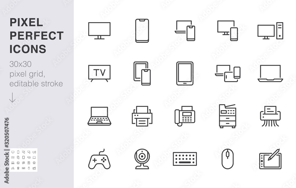 Devices line icons set. Computer, laptop, mobile phone, fax, scanner, smartphone minimal vector illustrations. Simple flat outline sign for web, technology app. 30x30 Pixel Perfect. Editable Strokes - obrazy, fototapety, plakaty 