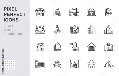 City building line icons set. Hospital, hotel, bank, mall, government hall, castle, police minimal vector illustrations. Simple flat outline sign for web, app. 30x30 Pixel Perfect. Editable Strokes