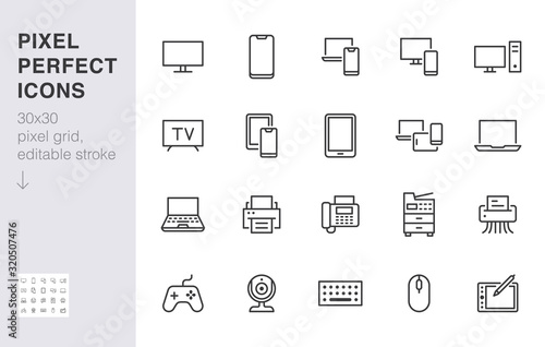 Devices line icons set. Computer, laptop, mobile phone, fax, scanner, smartphone minimal vector illustrations. Simple flat outline sign for web, technology app. 30x30 Pixel Perfect. Editable Strokes