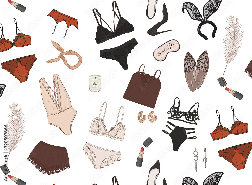 Women's lingerie hand-drawn background, blach beige underwear set illustration in vector. Sexy undergarment boutique advert, lingerie collection store art, bra panties set shop advertising Women's lingerie hand-drawn background, blach beige underwear set illustration in vector. Sexy undergarment boutique advert, lingerie collection store art, bra panties set shop advertising