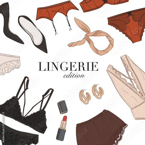 Black Lingerie underwear, bra panties set hand-drawn illustration template: sleepwear, jewerly womens fashion clothing boutique art, sexy underwear salon poster, banner design