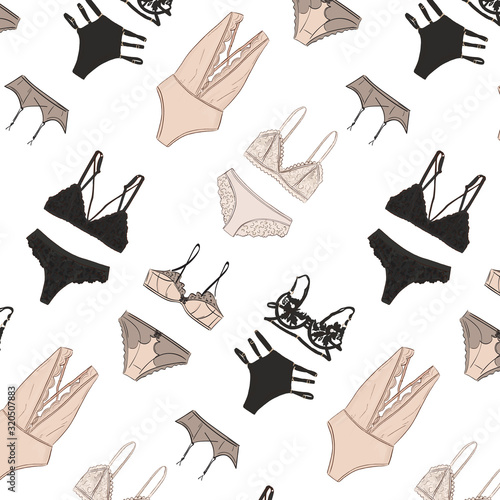 Women's lingerie pattern, underwear set illustration in vector. Sexy undergarment boutique advert, lingerie store art, bra shop advertising
