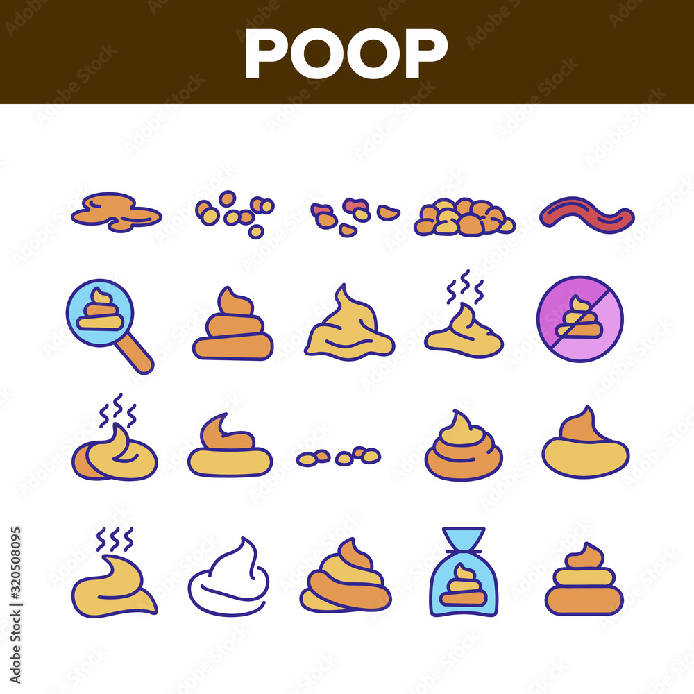 Poop Excrement Pile Collection Icons Set Vector Thin Line. Smell Poop In Different Form, In Bag And Crossed Mark, Research Magnifier Concept Linear Pictograms. Color Contour Illustrations