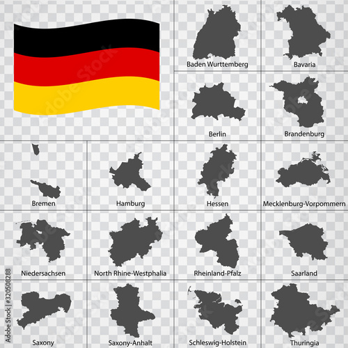 Sixteen Maps German lands - alphabetical order with name. Every single map of state are listed and isolated with wordings and titles. Federal Republic of Germany. Regions. EPS10.