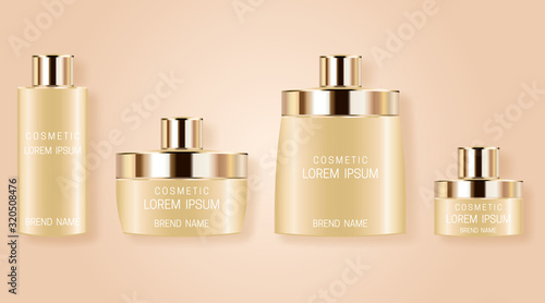 Set of realistic bottles for cosmetic products. Design of beautiful beige packaging with gold cap on pink background. Vector illustration.