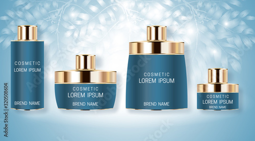 Set of realistic bottles for cosmetic products. Design of beautiful blue packaging with gold cap on blue background. Vector illustration.