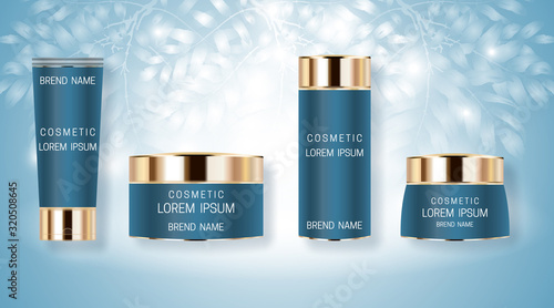 Set of realistic bottles for cosmetic products. Design of beautiful blue packaging with gold cap on blue background. Vector illustration.