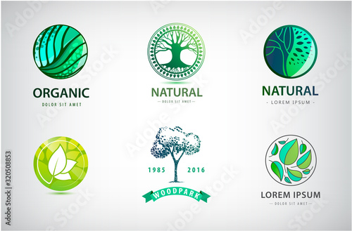Vector set of nature, eco, environment logos. Landscaping design concept. Abstract illustrations with tree, leaves in the circle. Park theme symbol. Icon template for gardening business