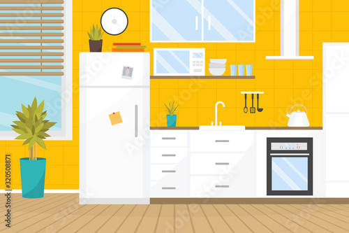 Cozy kitchen interior with furniture and stove, dishes, fridge and utensils. Home design. Flat vector illustration. Cartoon illustration.
