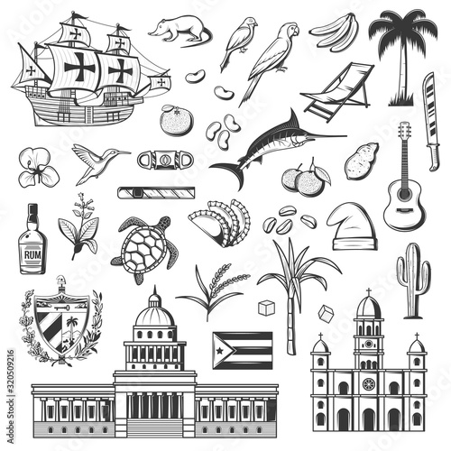 Cuba and Havana icons, travel and tourist famous landmark symbols. Vector Cuba flag, Havana parliament, cigar and historic frigate ship, sugar cane and rum, parrot and Caribbean guitar