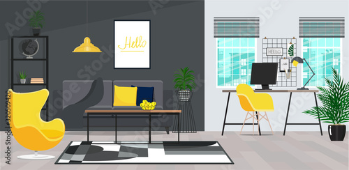 Yellow chair next to table in living room with work area next to the window