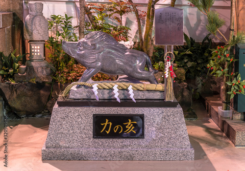 Stone statue of the boar zodiac animal on which stands the Buddhist deity Marici and which symbolizes strength and victory in the Tokudaiji temple of Tokyo at night. photo