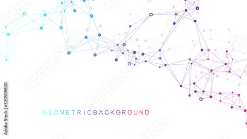 Geometric abstract background with connected line and dots. Network and connection background for your presentation. Graphic polygonal background. Wave flow. Scientific vector illustration.