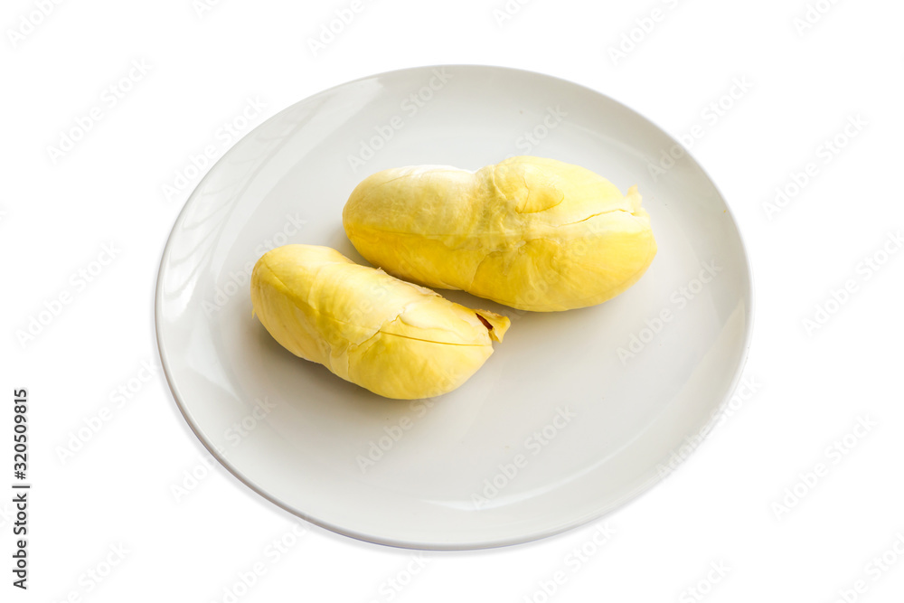King of fruits, durian on white plate isolated