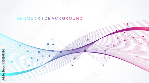 Geometric abstract background with connected lines and dots. Wave flow. Molecule and communication background. Graphic background for your design. Vector illustration