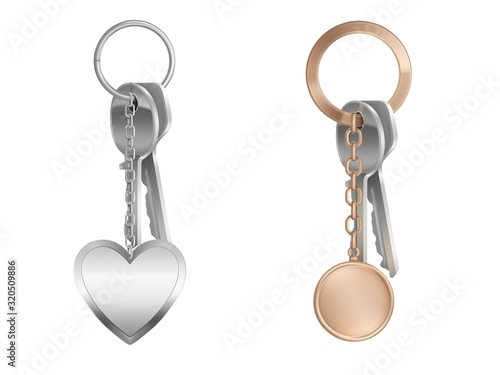 Key bunch with keychain on metal ring isolated on white background. Vector realistic mockup of round and heart shaped trinkets, clef holders with steel pendants