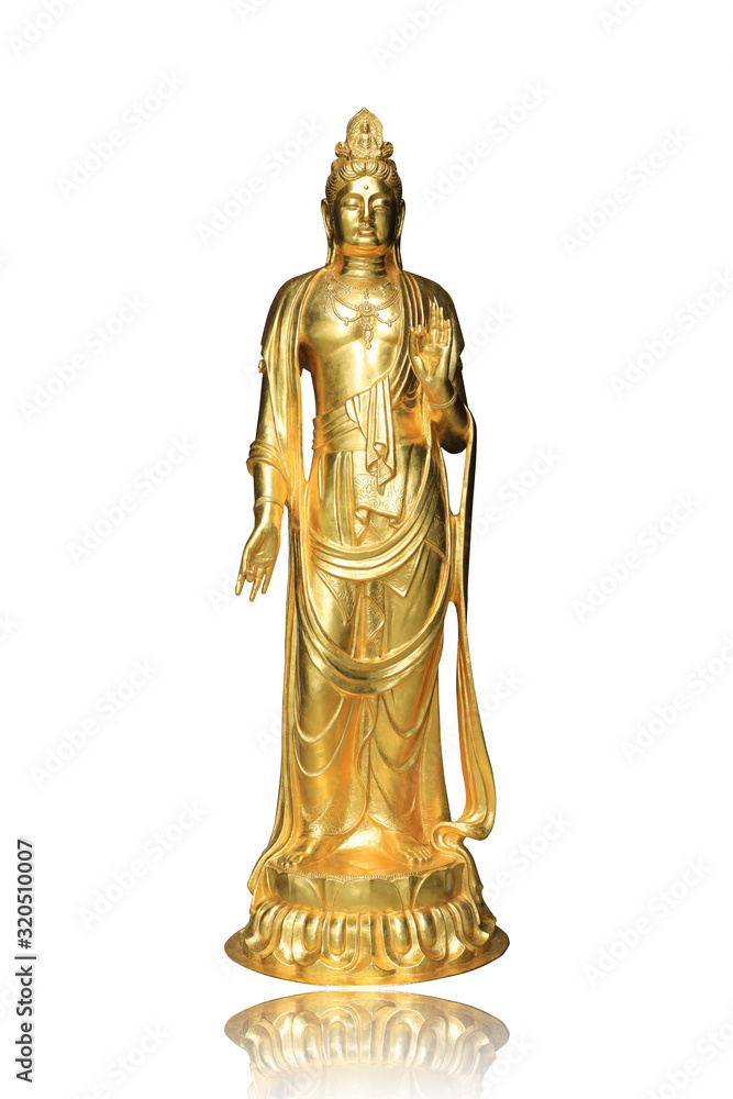 Gold Guanyin statue isolated on white background.This had clipping path. Gold Guanyin statue isolated on white background.This had clipping path.