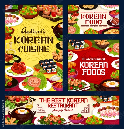 Korean restaurant menu, Asian traditional cuisine food recipes. Vector Korean authentic meat and rice food, ramen, soba or udon noodles, dumplings and salads, bulgogi soup and desserts