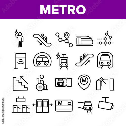 Metro Underground Collection Icons Set Vector Thin Line. Metro Train And Equipment, Ticket And Card, Door And Video Camera, Escalator And Turnstile Pictograms. Monochrome Contour Illustrations