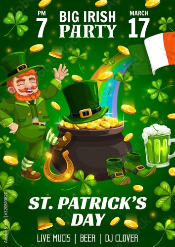 Saint Patrick day party, Irish holiday celebration poster. Vector St Patrick traditional lucky golden horseshoe, leprechaun dancing at gold coins cauldron with beer pint mug, Ireland flag and rainbow
