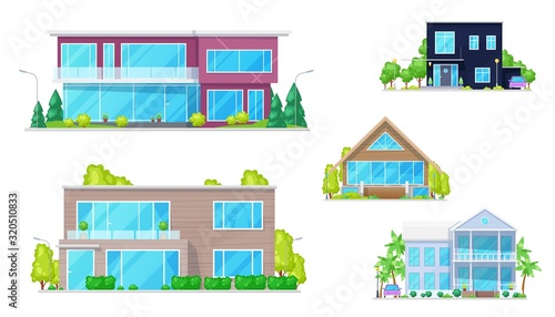Private buildings and residential homes, village real estate townhouses Vector modern residence apartments, city villas and town cottages with private living property infrastructure