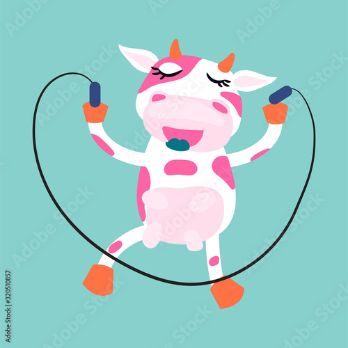 Cute cow rope jumping vector cartoon illustration.