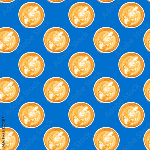 Seamless Pattern made with latte coffee in paper cup over trendy classic blue color background.