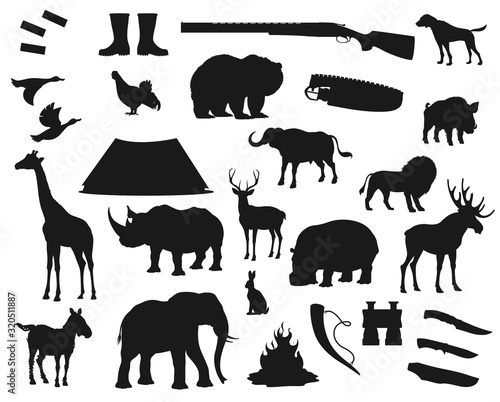 Hunt icons  wild animals and birds  hunter ammo equipment silhouettes. Vector deer  elk and bear  African safari hunt lion and elephant  rhinoceros  giraffe and boar  ducks and hunter rifle guns