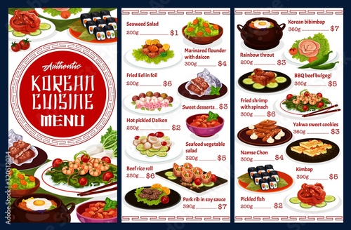 Korean cuisine restaurant menu, Korea authentic food dishes. Vector Korean seaweed salad, pork ribs in soy sauce and Korean bibimpab pot, BBQ beef bulgogi, fried shrimp with spinach and desserts