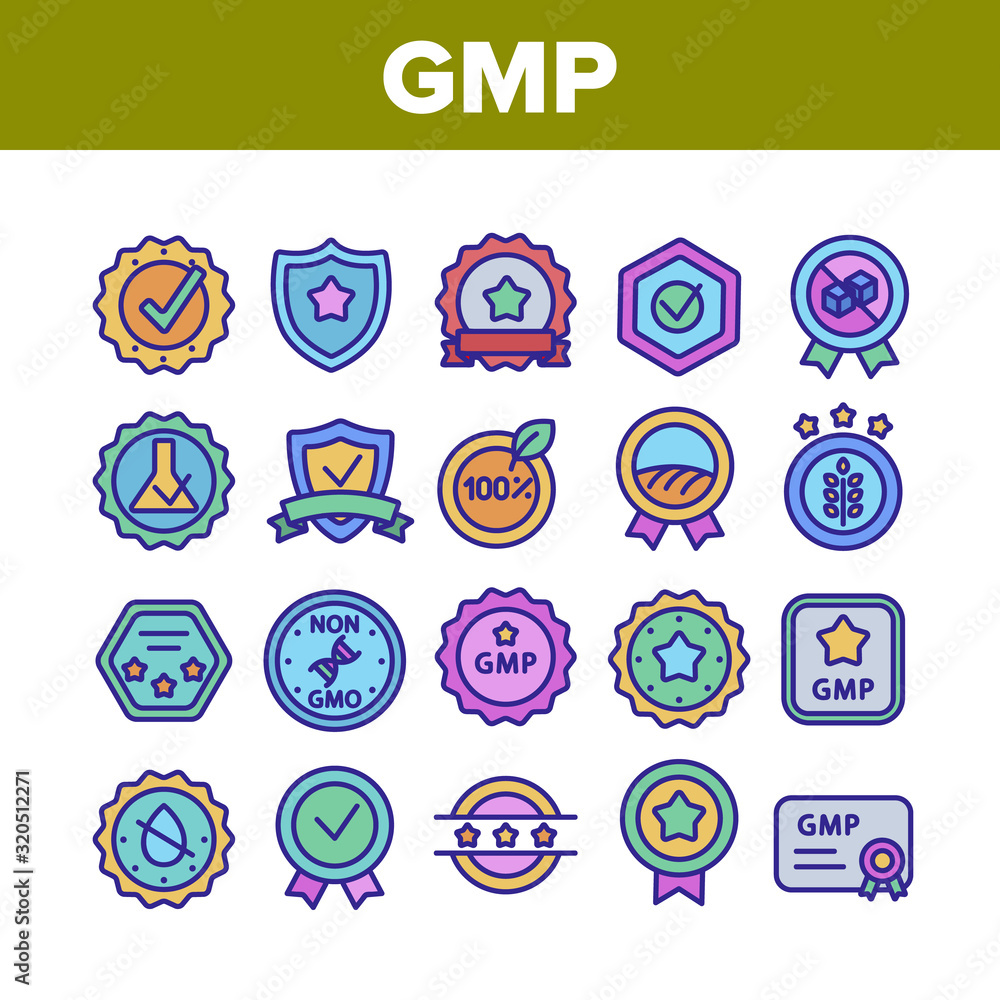 Gmp Certified Mark Collection Icons Set Vector Thin Line. Gmp Good Manufacturing Practice In Form Shield And Medal, Check Signs And Star Concept Linear Pictograms. Color Contour Illustrations