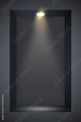 Vertical Black wall niche with spotlight. Recess in a dark wall in rectangle shaped with point light. Editable Background Vector illustration.