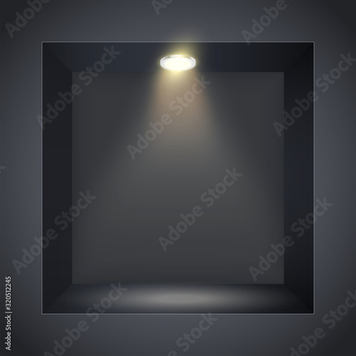 Vertical Black wall niche with spotlight. Recess in a dark wall in square shaped with point light. Editable Background Vector illustration.