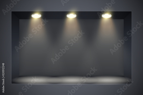 Horizontal Black wall niche with spotlight. Recess in a dark wall in rectangle shaped with point light. Editable Background Vector illustration.