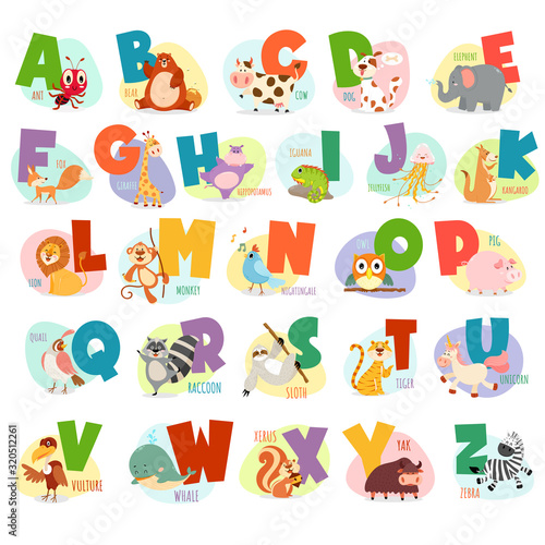 Fototapeta Naklejka Na Ścianę i Meble -  Cute Animals alphabet for kids education.Funny animals alphabet.