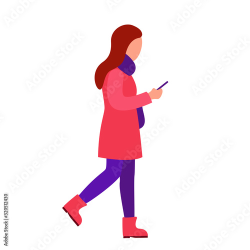 Young abstract woman looking at smartphone and walking. Smartphone addiction. Vector illustration