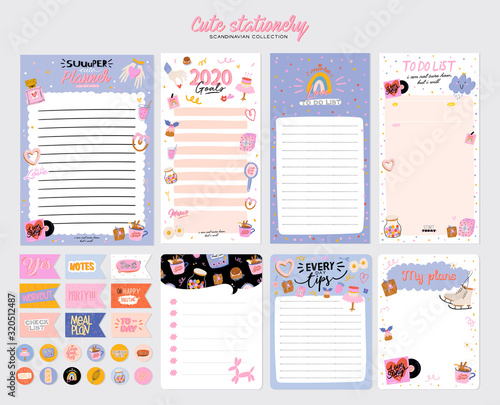 Collection of weekly or daily planner, note paper, to do list, stickers templates decorated by cute love illustrations and inspirational quote. School scheduler and organizer. Flat vector