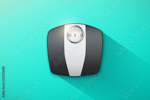 Body Scales on pastel mint background. Modern Concept Illustration of sport and fitness equipment. Minimalistic style. Workout fun vector Illustration.