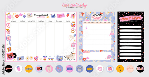 Collection of weekly or daily planner, note paper, to do list, stickers templates decorated by cute love illustrations and inspirational quote. School scheduler and organizer. Flat vector