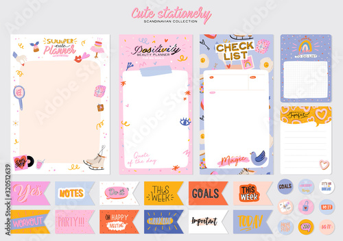 Collection of weekly or daily planner, note paper, to do list, stickers templates decorated by cute love illustrations and inspirational quote. School scheduler and organizer. Flat vector