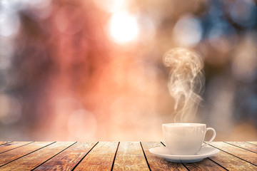 hot coffee on the table on a winter background
