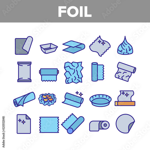 Foil List For Cooking Collection Icons Set Vector Thin Line. Aluminium Foil Container And Plate, Scroll And Strip, Steel Material Concept Linear Pictograms. Color Contour Illustrations