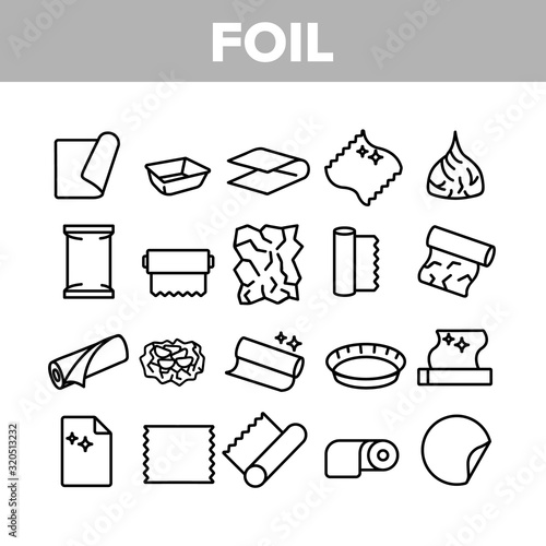 Foil List For Cooking Collection Icons Set Vector Thin Line. Aluminium Foil Container And Plate, Scroll And Strip, Steel Material Concept Linear Pictograms. Monochrome Contour Illustrations photo